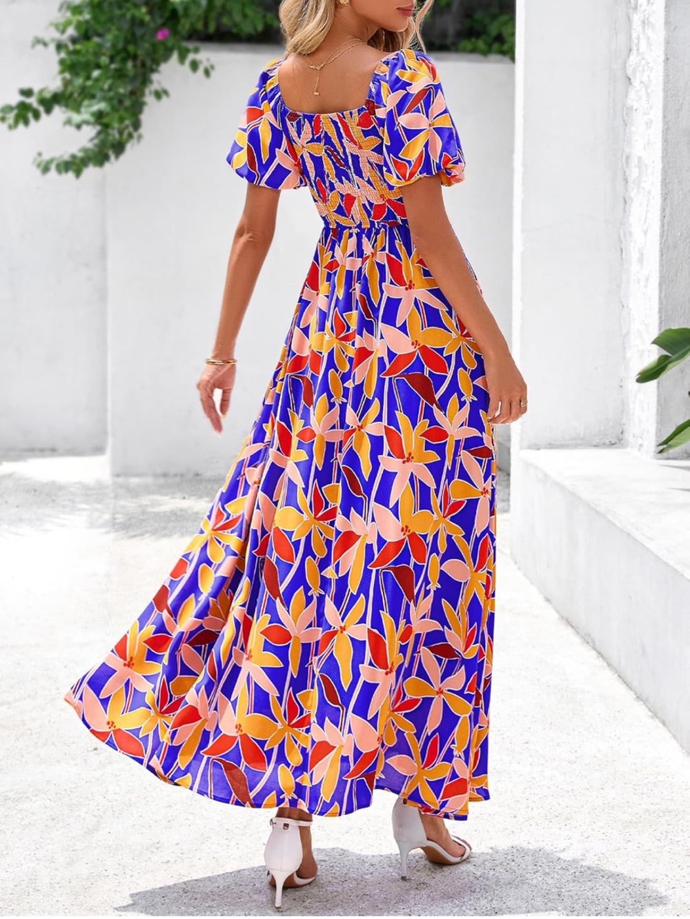 Floral Blue Maxi Dress with Puff Sleeves - Picture 5 of 5